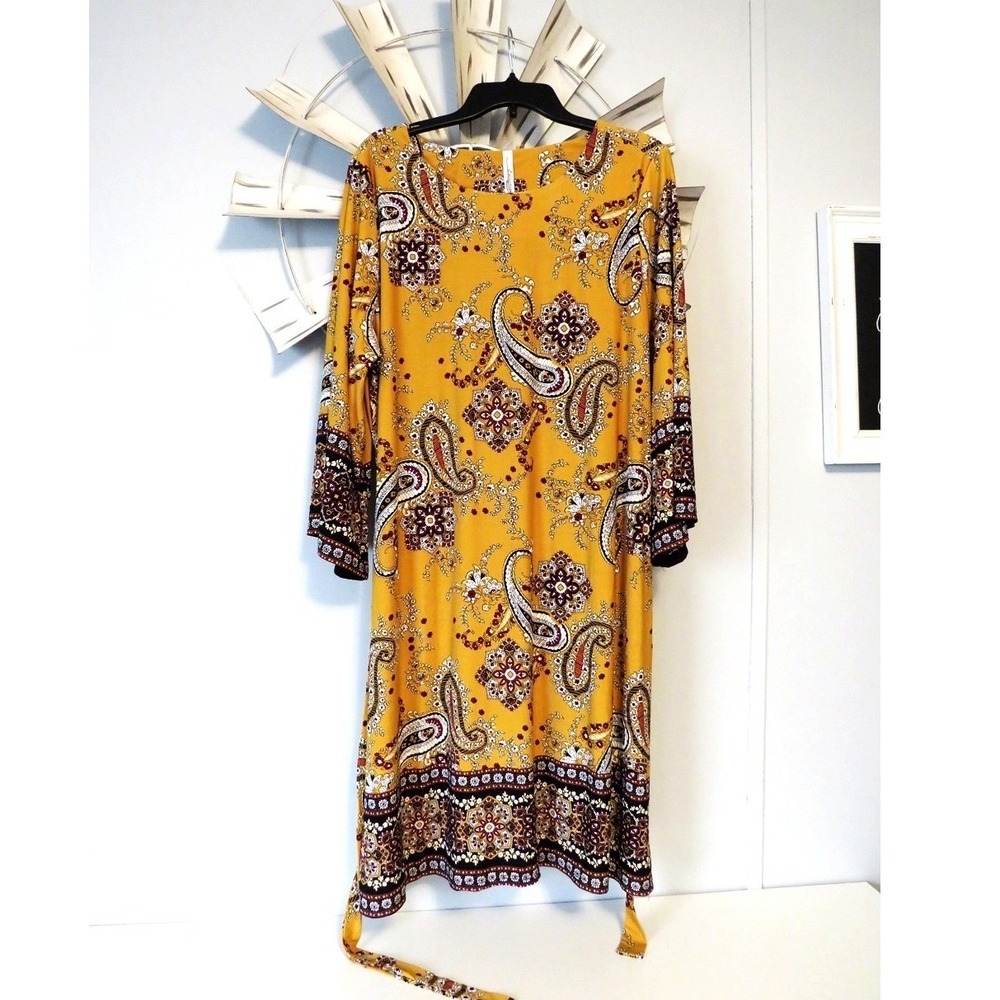 NY Collection Paisley Print Dress 2X Mustard Yellow Stretch Shift 3/4 Sleeves - Picture 7 of 9
